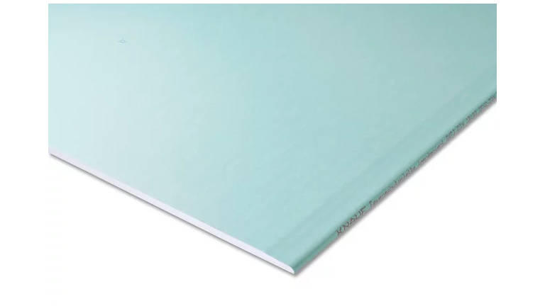 Hellgrüne Gipskartonplatte mit weißem Kern.